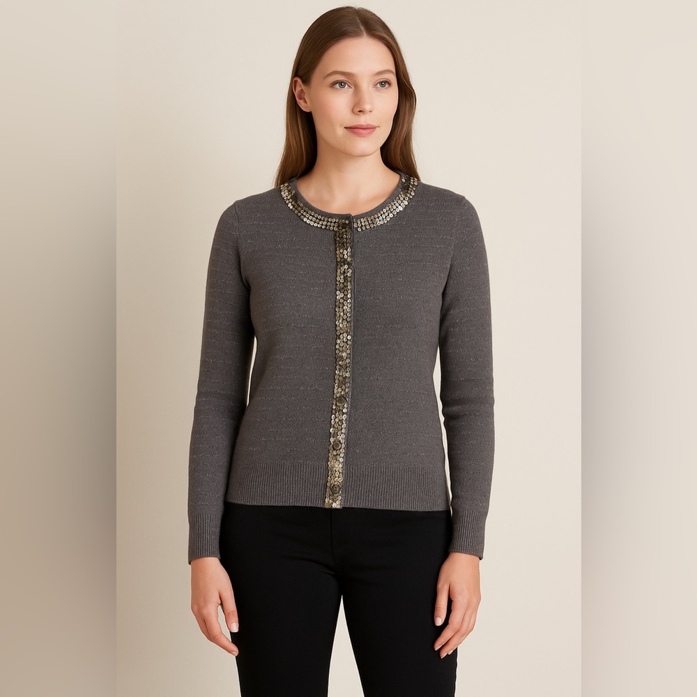 J Crew Sequin Embellished Cardigan Sweater Gray Metallic Medium